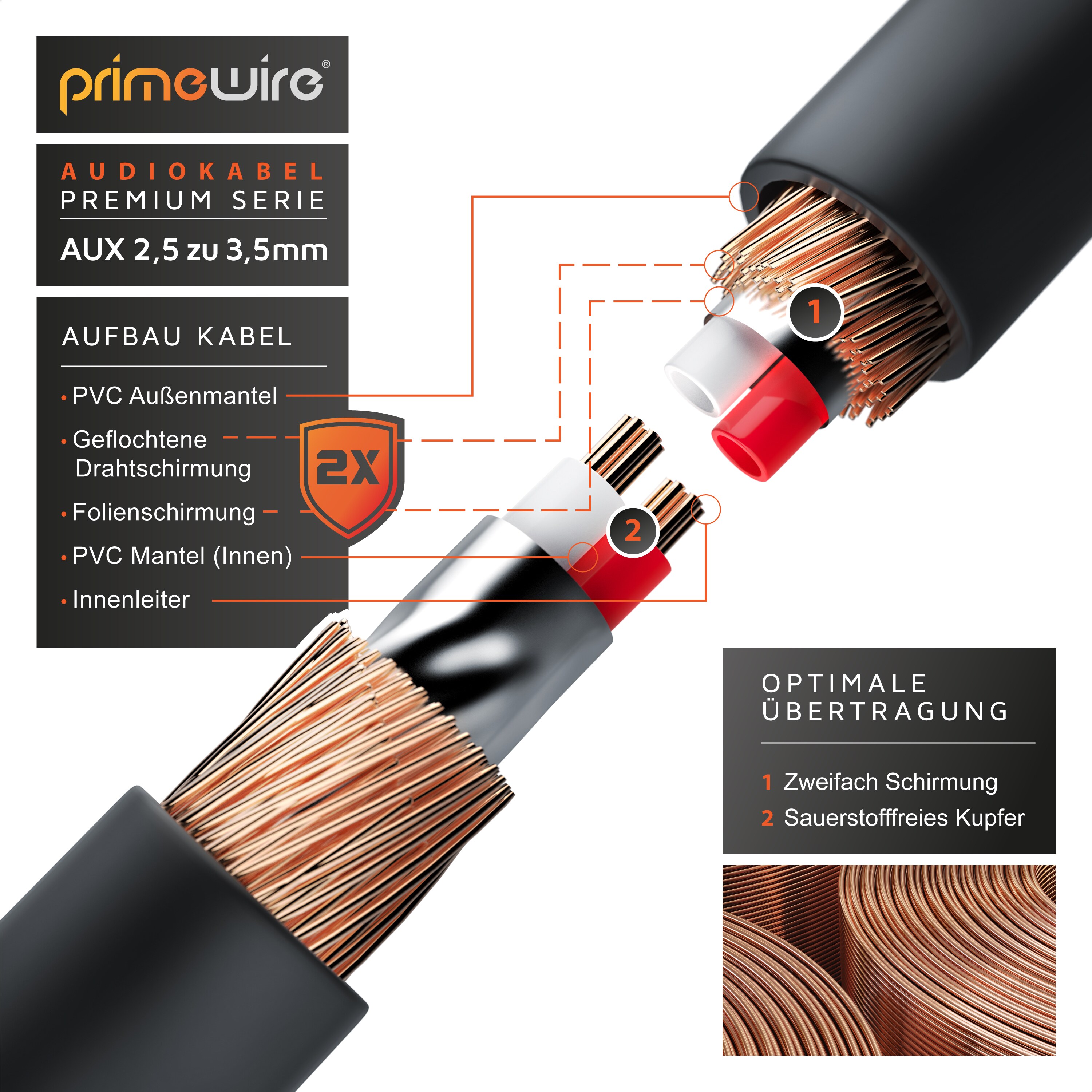 Primewire 2,5-mm-Klinke zu 3,5-mm-Klinke Audio Kabel, AUX, HiFi Audio Adapter Klinkenkabel / Verbindungskabel - 1,5m