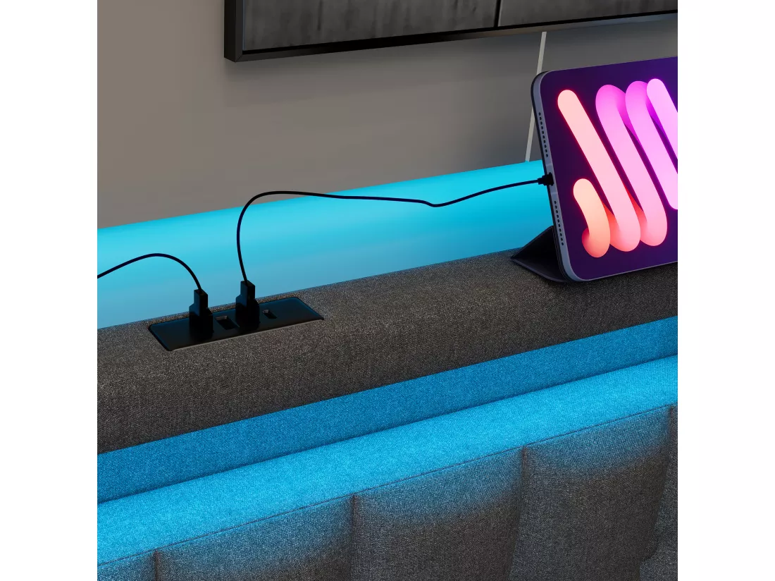 Lit capitonné 90 x 200 cm avec 2 tiroirs - Prises USB, Type C et éclairage LED - Tissu en lin - Gris (sans matelas)