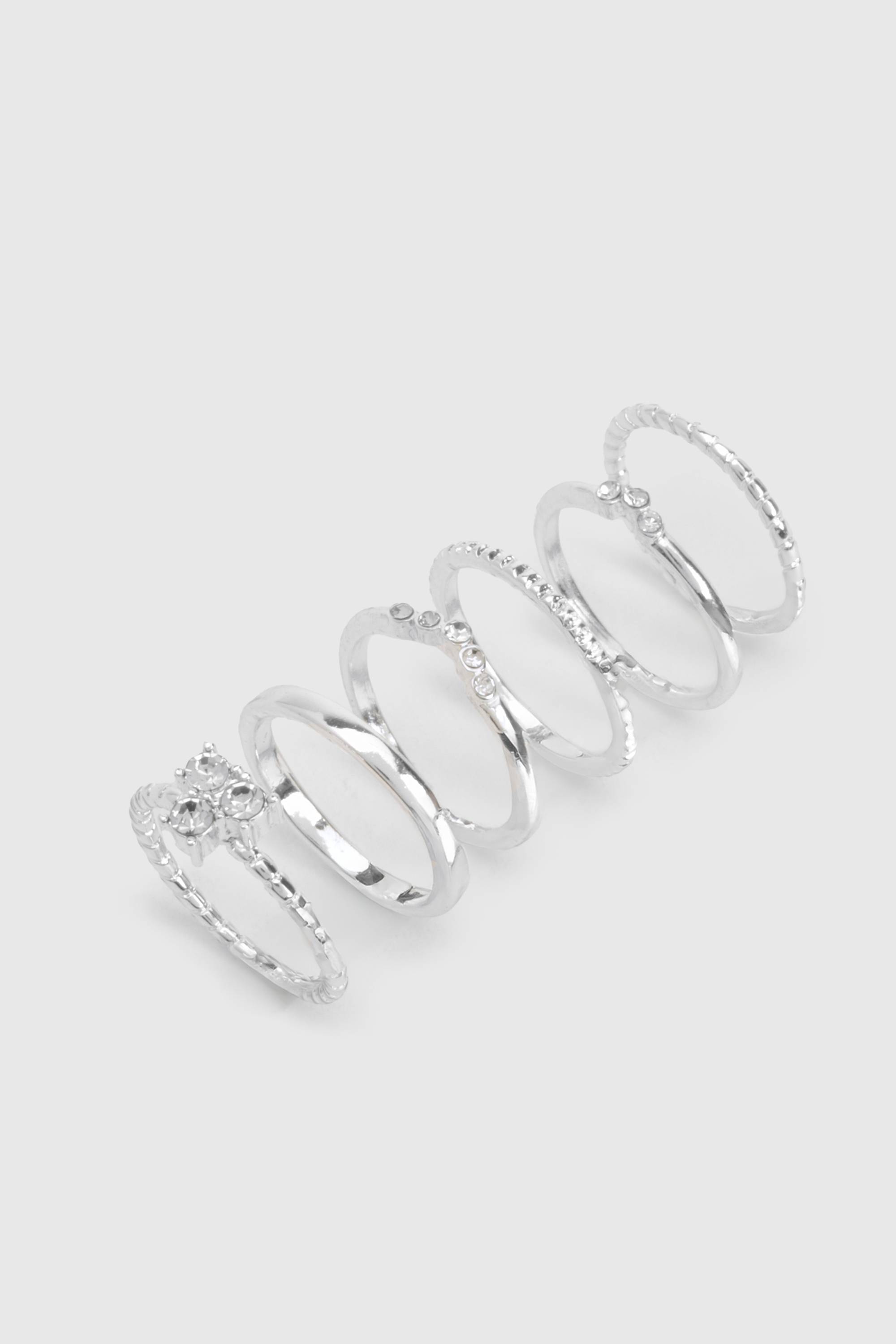 boohoo Bagues Silver Diamante Lot de 6