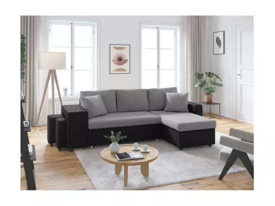 Canapé d'angle 3 places réversible Oslo avec coffre et poufs gauche en tissu et simili- Noir/Gris - L241 x P146 x H81cm - Loungitude