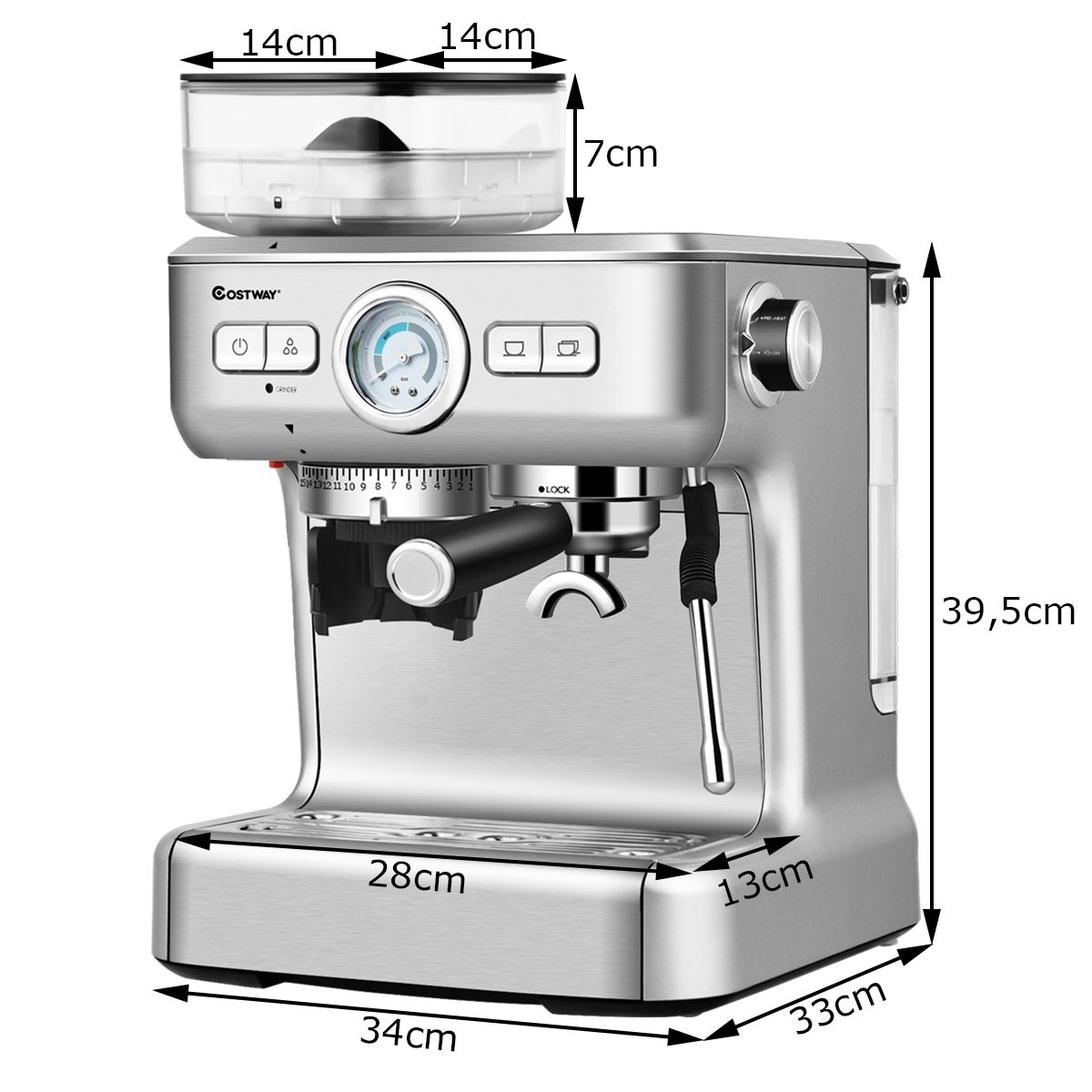 Machine à Café Automatique avec Broyeur à Grains 1350W 30 Niveaux de Poudre de Café Réglables Température Réglable - Lidl-Manfred