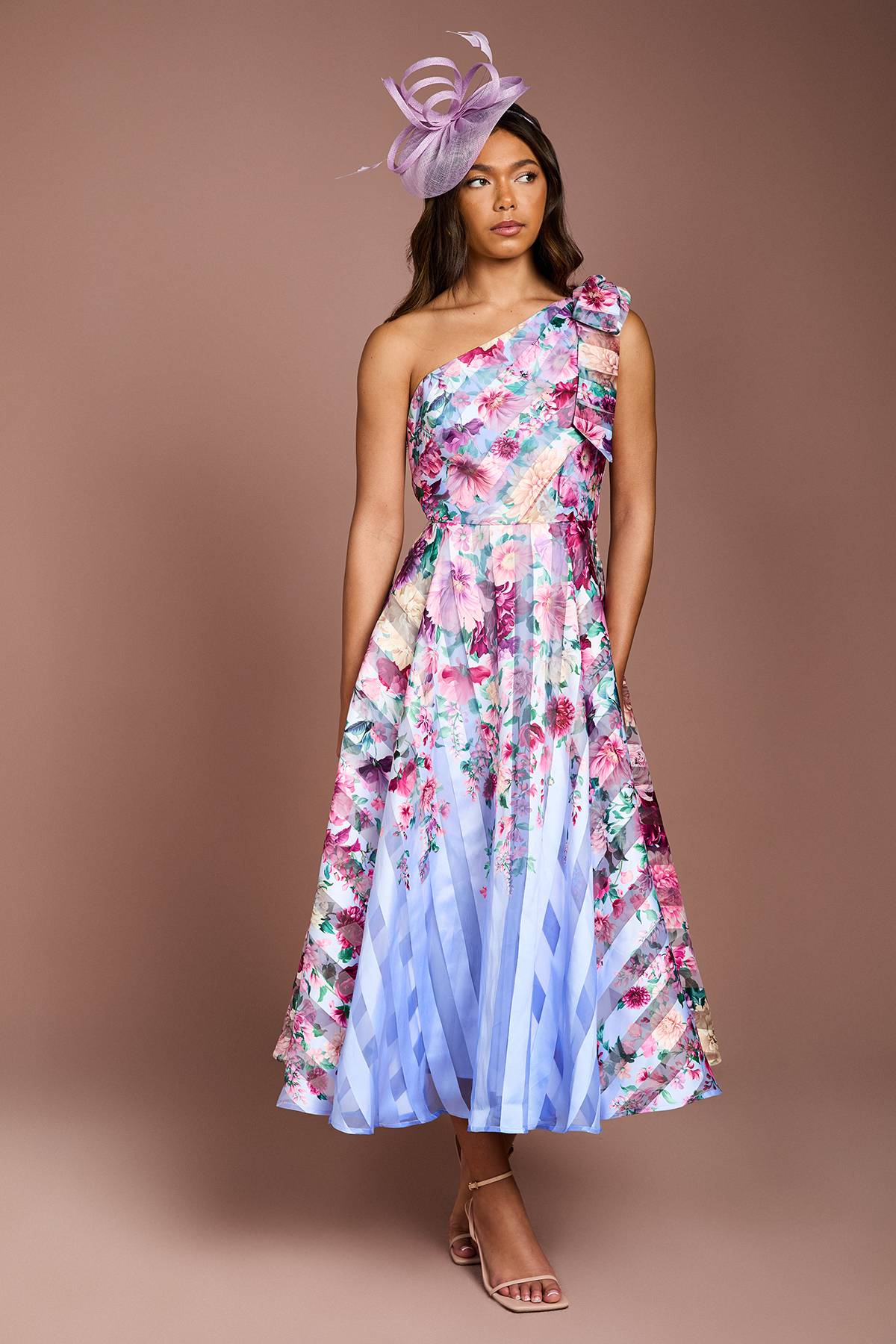 Coast Robe Mi-Longue Asymétrique en Organza à Rayures Imprimées