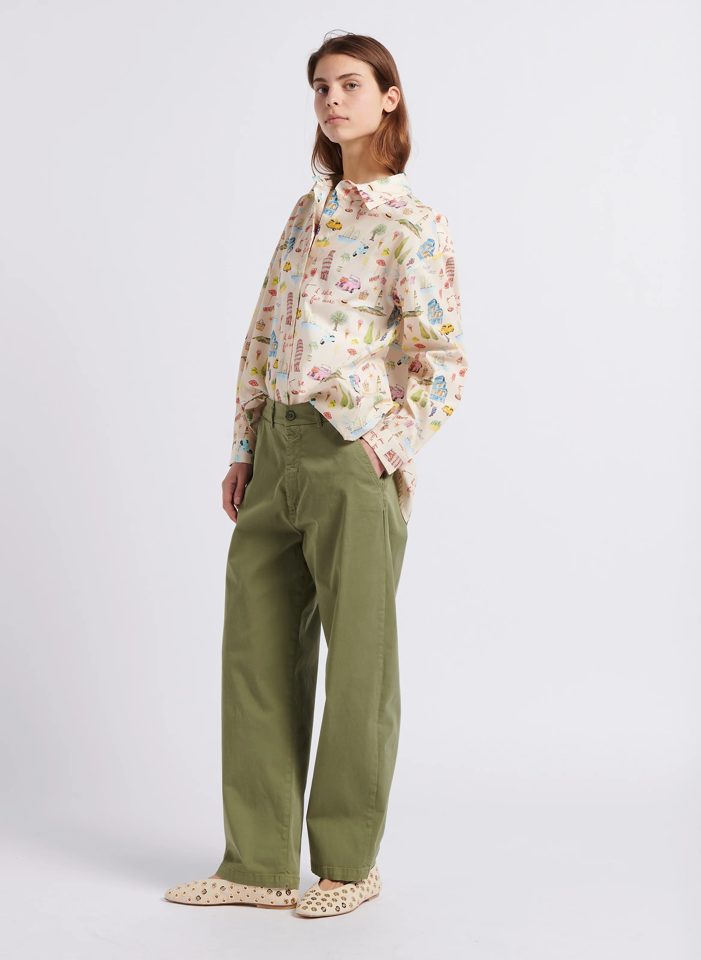 Pantalon chino en coton mélangé | Kaki