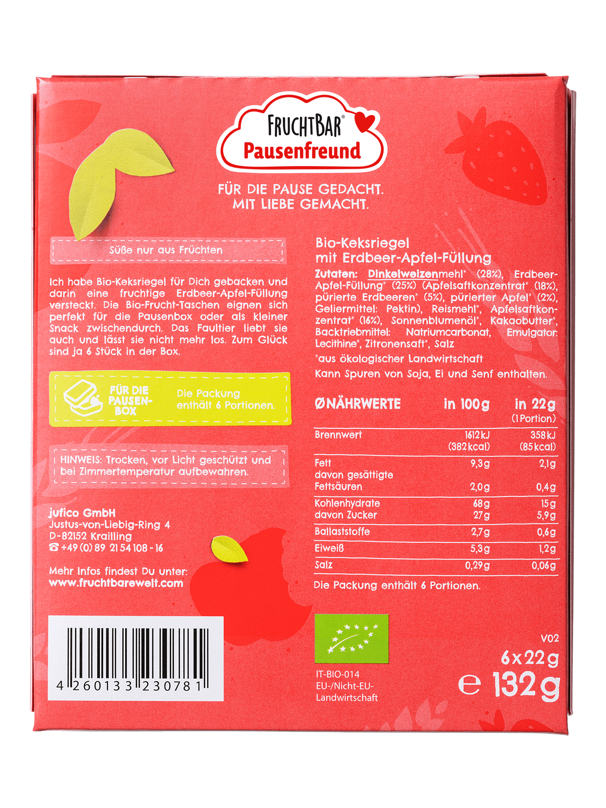 FRUCHTBAR Frucht Tasche Bio Dinkel Erdbeere Apfel 22 g