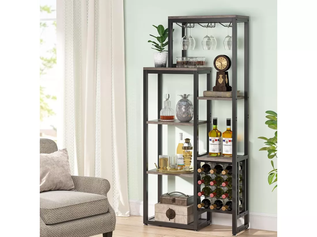 Étagère à vin autoportante à 5 niveaux avec support pour verres et rangement de vin, gris