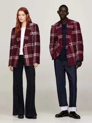 Blazer de corte reto com estampa xadrez tartan, unissex e abotoamento duplo.