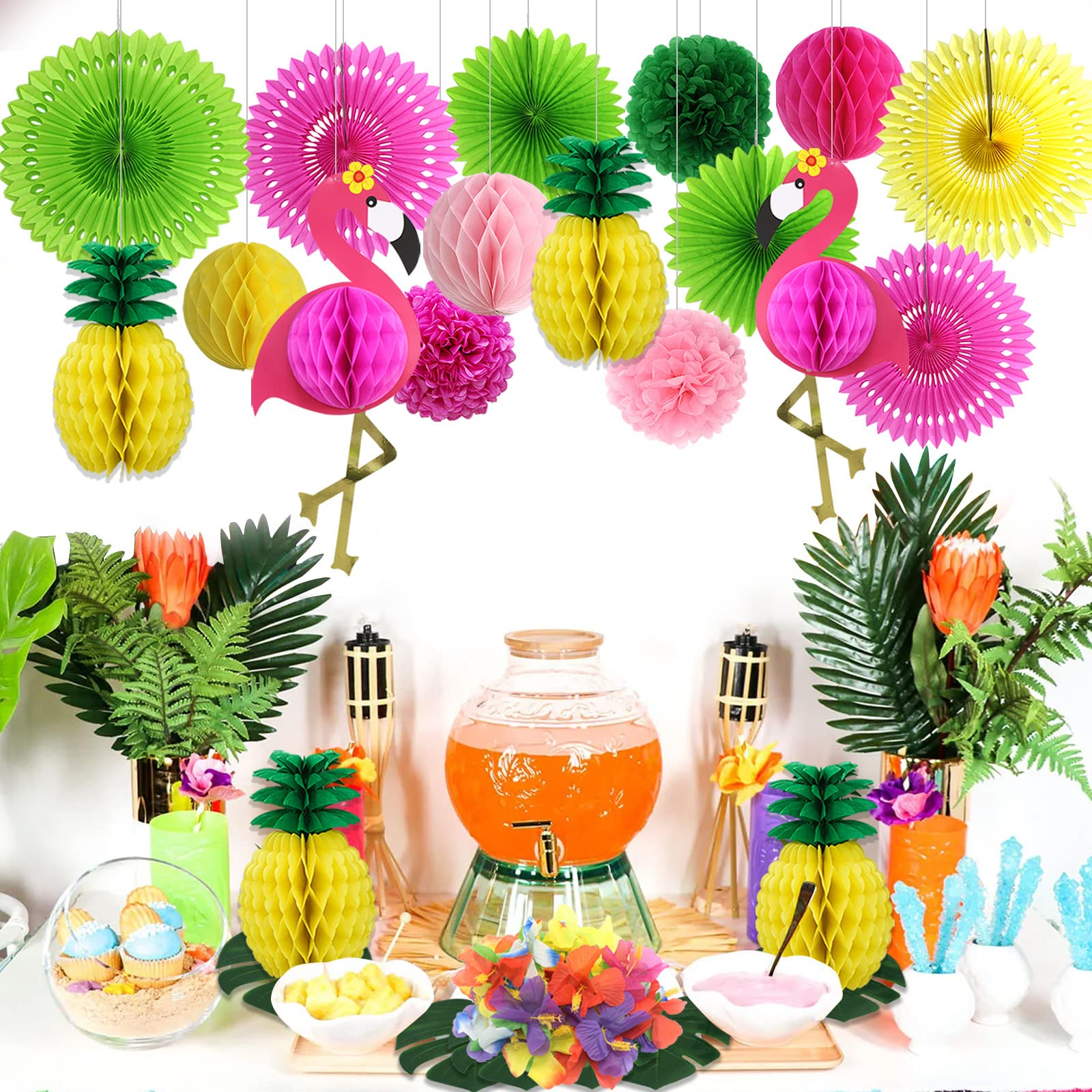 (45-tlg. Set) Sommer Party Dekoration Flamingo und Ananas Pompon's / Rosetten / Palmenblätter / Blumen - Tropical Hawaii