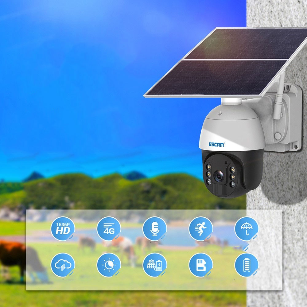 4G SIM Solar IP Kamera 3MP 1536p   2-Wege-Audio / Infrarot LED's Nachtsichtfunktion / Micro SD / Wandhalterung iOS/Android (IP66) - Weiss