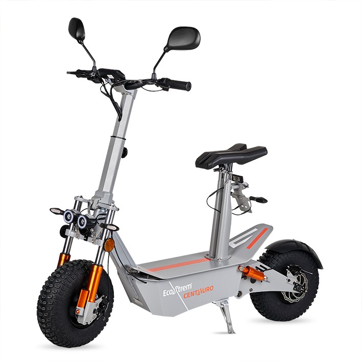 Patinete elétrico Centauro legalizado, cinza, com assento e tela LCD XXL.