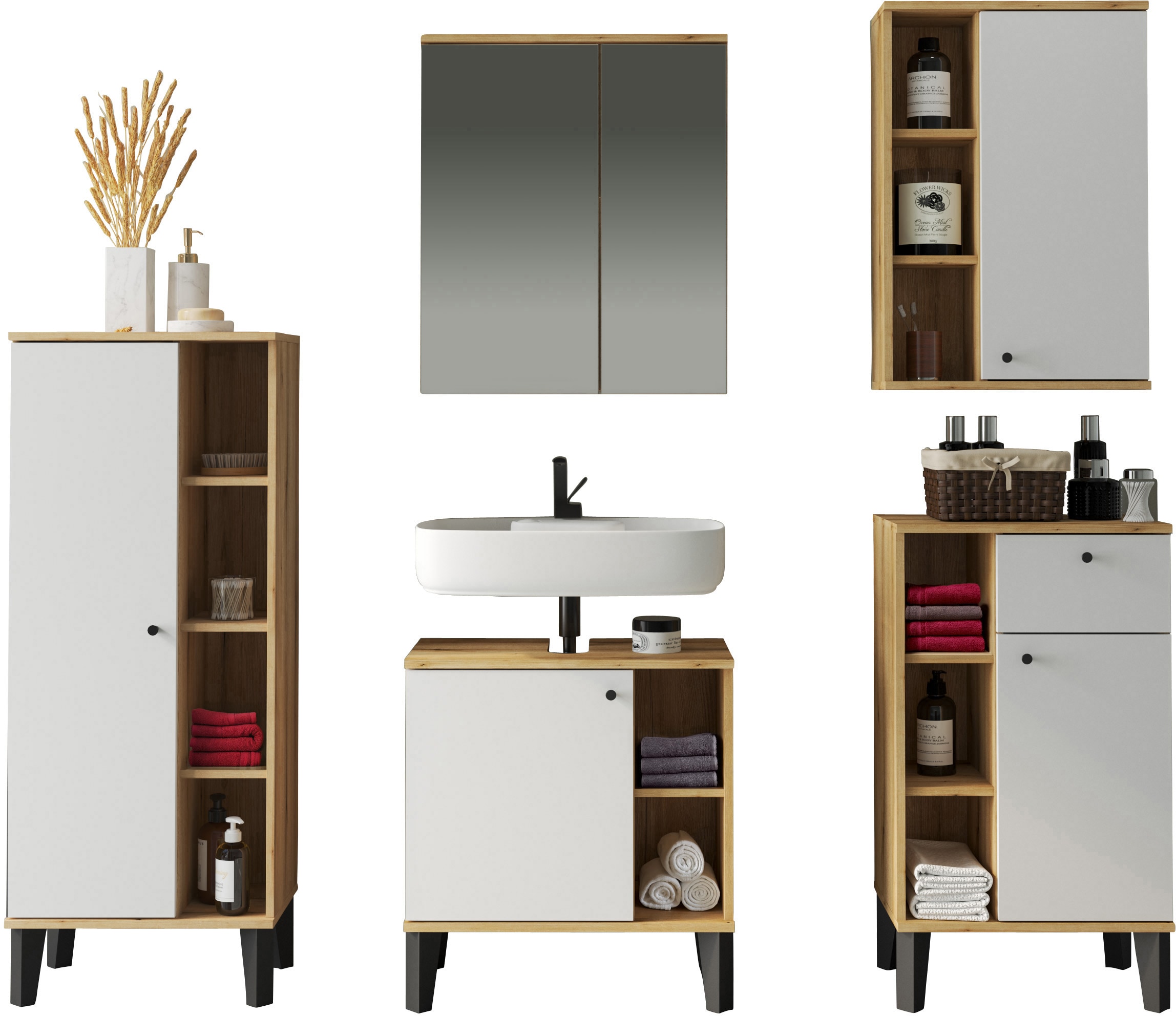 INOSIGN Badmöbel-Set »OSLO, Bad im skandinavischen Design, 5-teiliges Badezimmer« Set, 5 Stk. tlg.