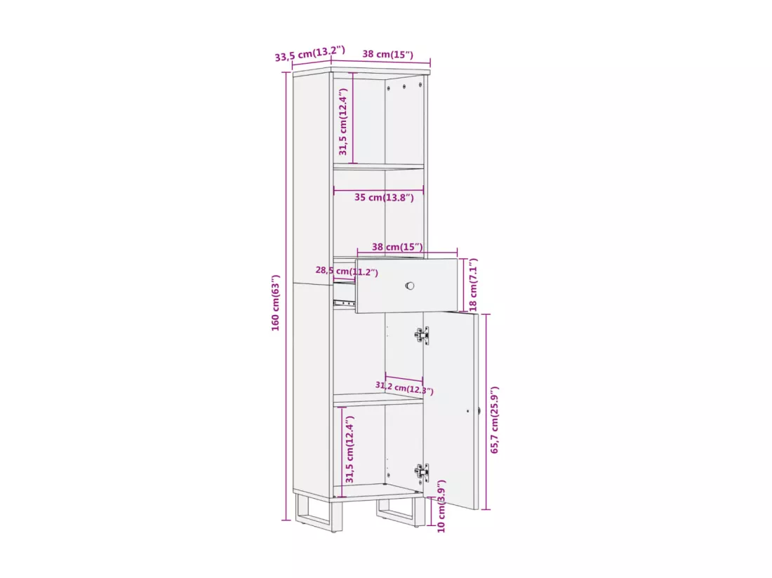 Armoire bain marron et noir 38x33,5x160 cm bois massif manguier