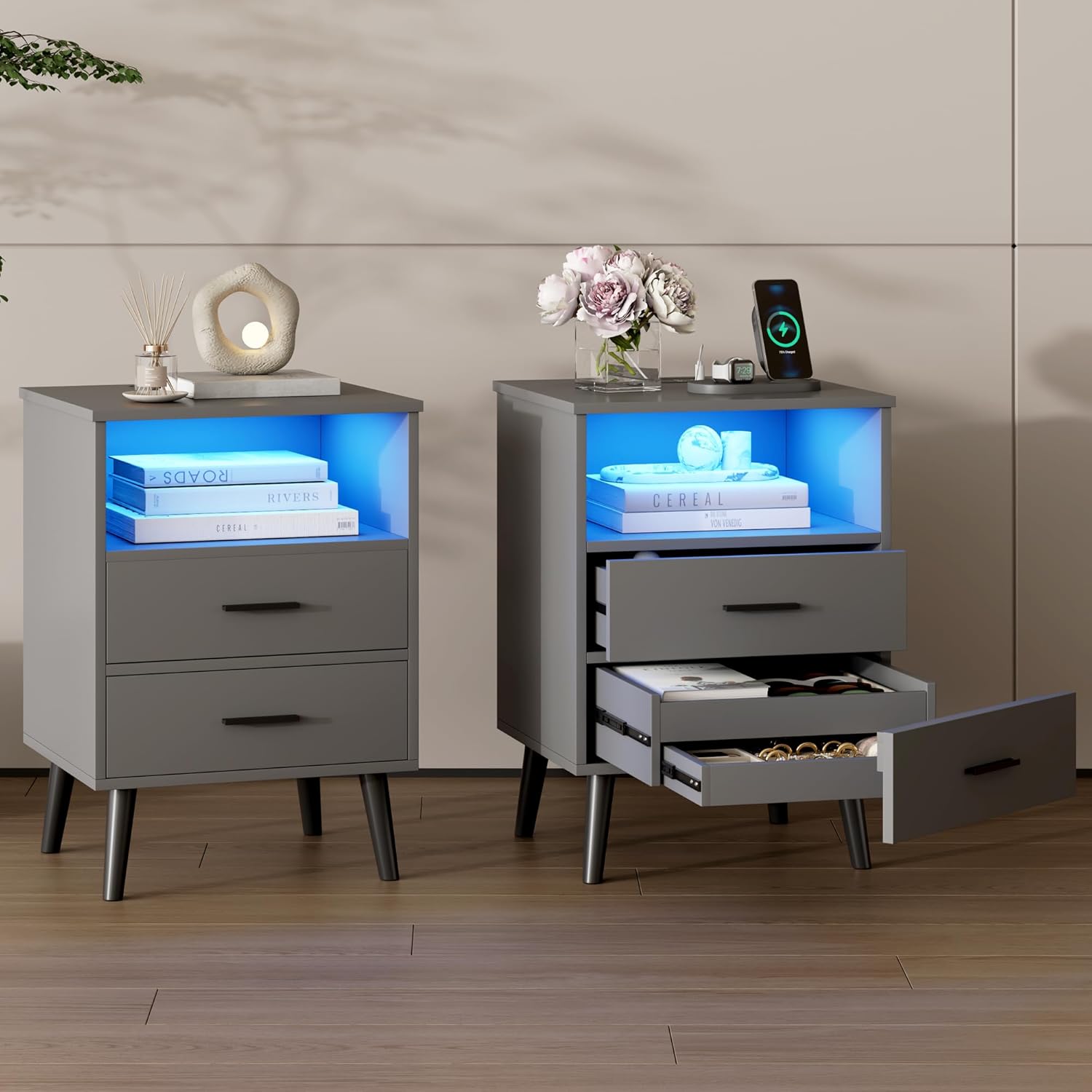 Vlsrka LED Nachttisch 2er Set mit Geheimfach, Nachttisch mit Ladefunktion, Modern Nachttische mit Versteck und 2 Schubladen, Nachttische Holz für Schlafzimmer, Kabelloses Laden, 3 Farben Licht, Grau