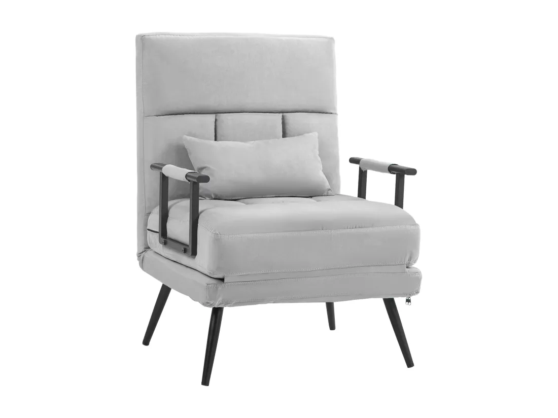 Fauteuil chauffeuse canapé-lit convertible 1 place coussin pieds accoudoirs métal noir velours gris clair