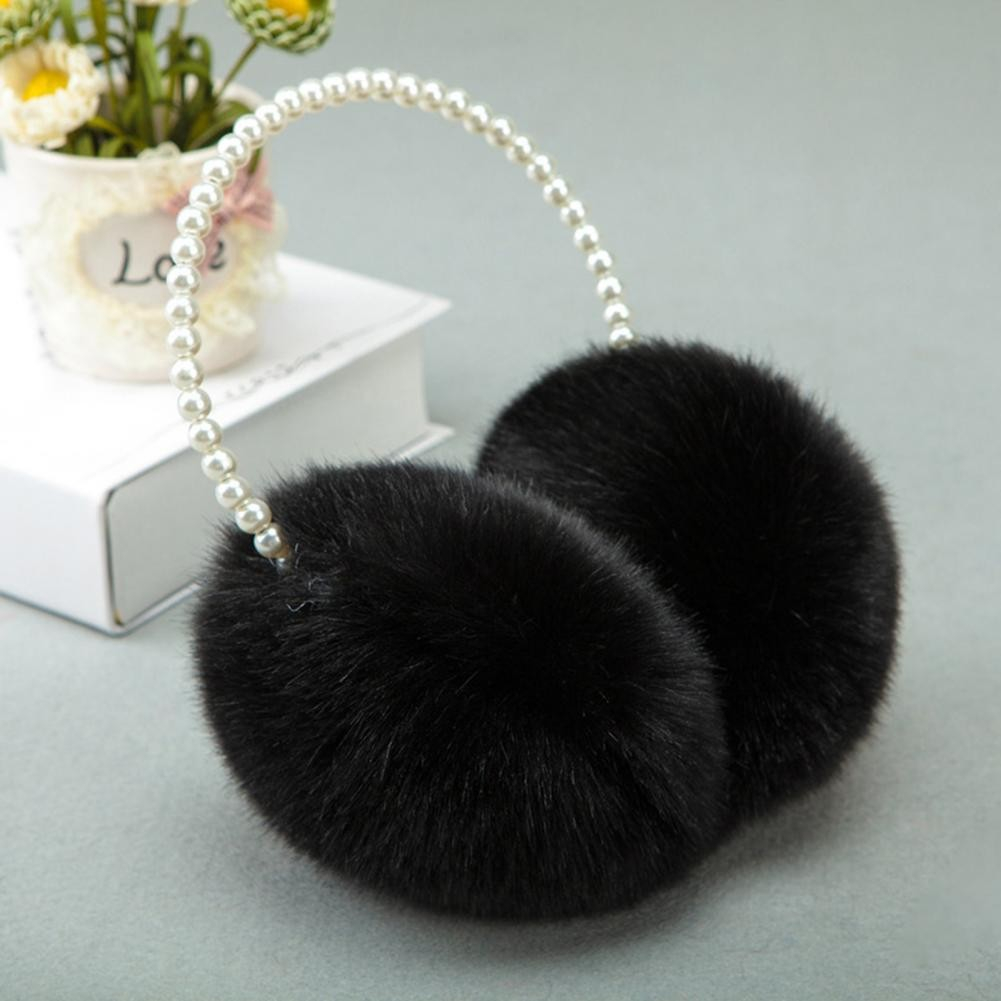 Weiche Plüsch Ohrenwärmer Winter Ohrenschützer Accessoire mit Perlen (One Size) - Schwarz