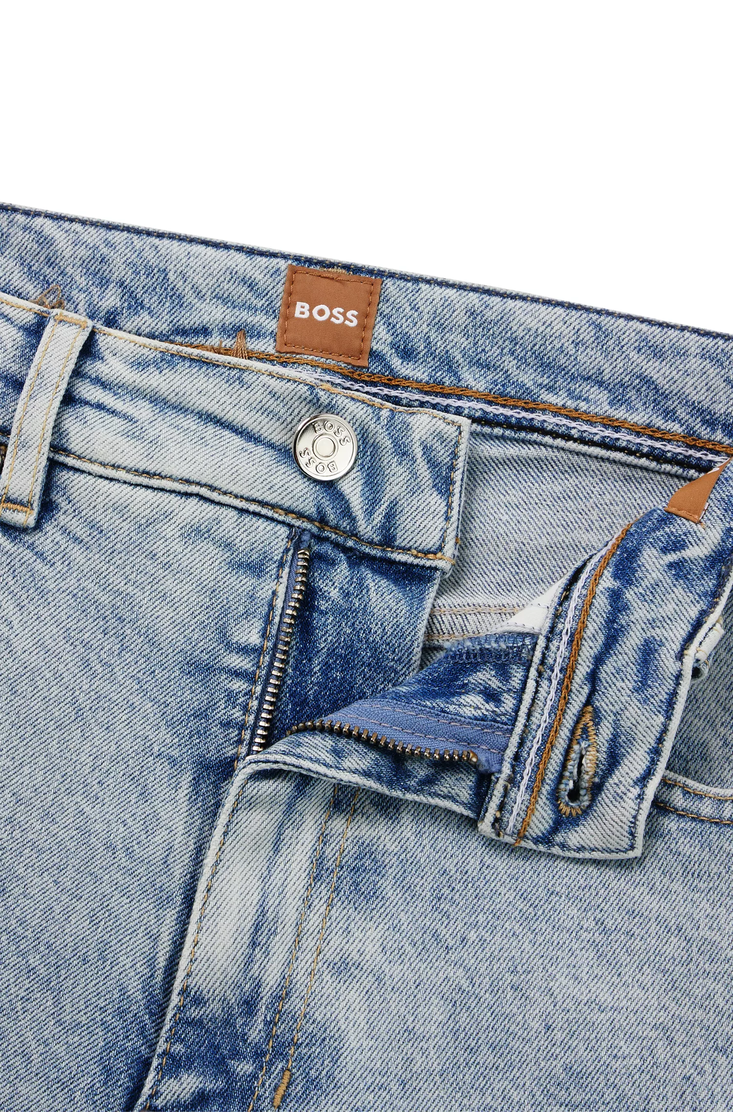 Calça jeans BOSS preta de cintura alta em denim azul com detalhes utilitários.