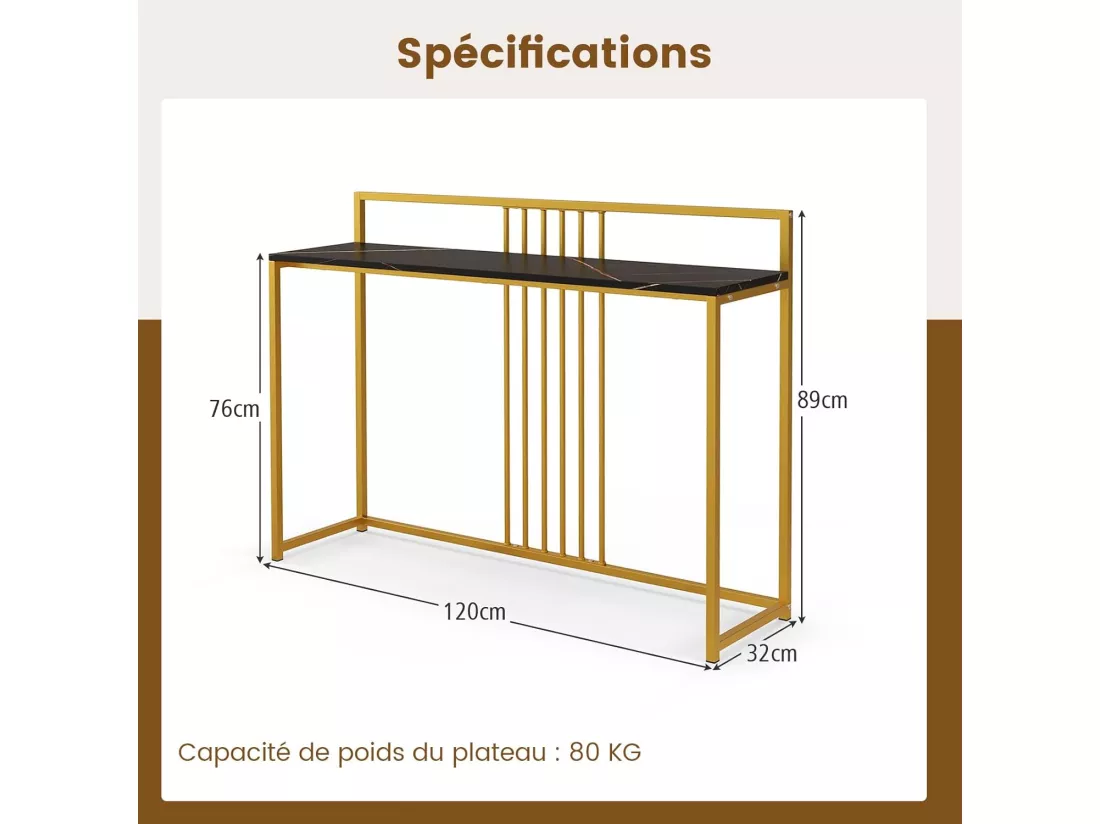 Table console, en faux marbre, design géométrique moderne 120 x 32 x 89 cm (noir)