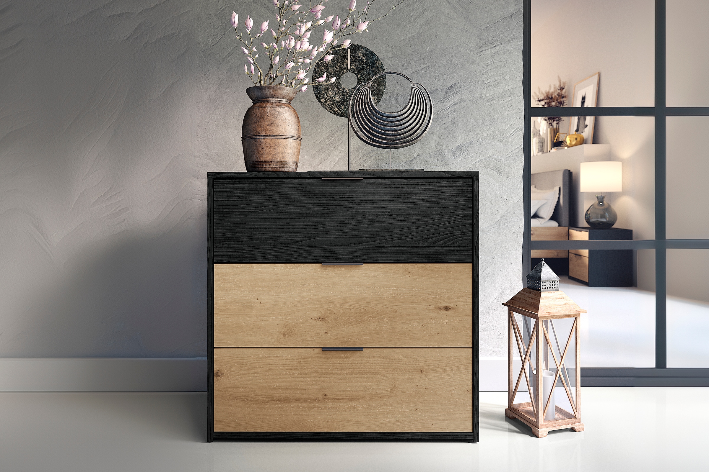 byLIVING Schubkastenkommode »Rimini« Melamin Eiche schwarz und Artisan Eiche, 3 Schubkästen, Breite 80 cm