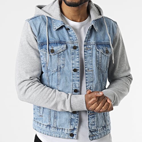 Veste Jean Capuche Coin Bleu Denim Gris Chiné