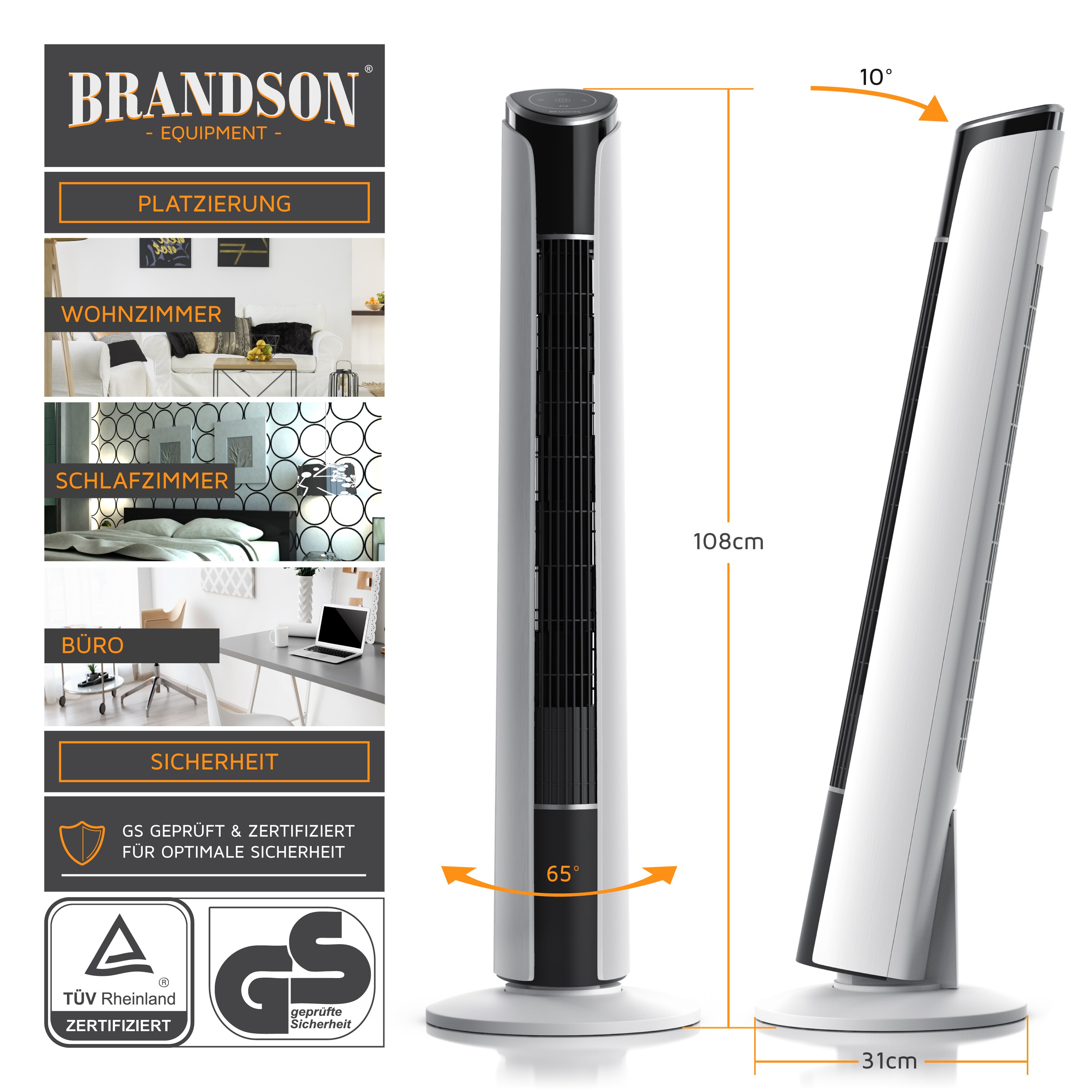 Brandson Turmventilator, Ventilator 10 Grad neigbar, 108 cm, GS, 4 Lüftungsmodi, Standventilator mit Oszillation, 3 Geschwindigkeiten
