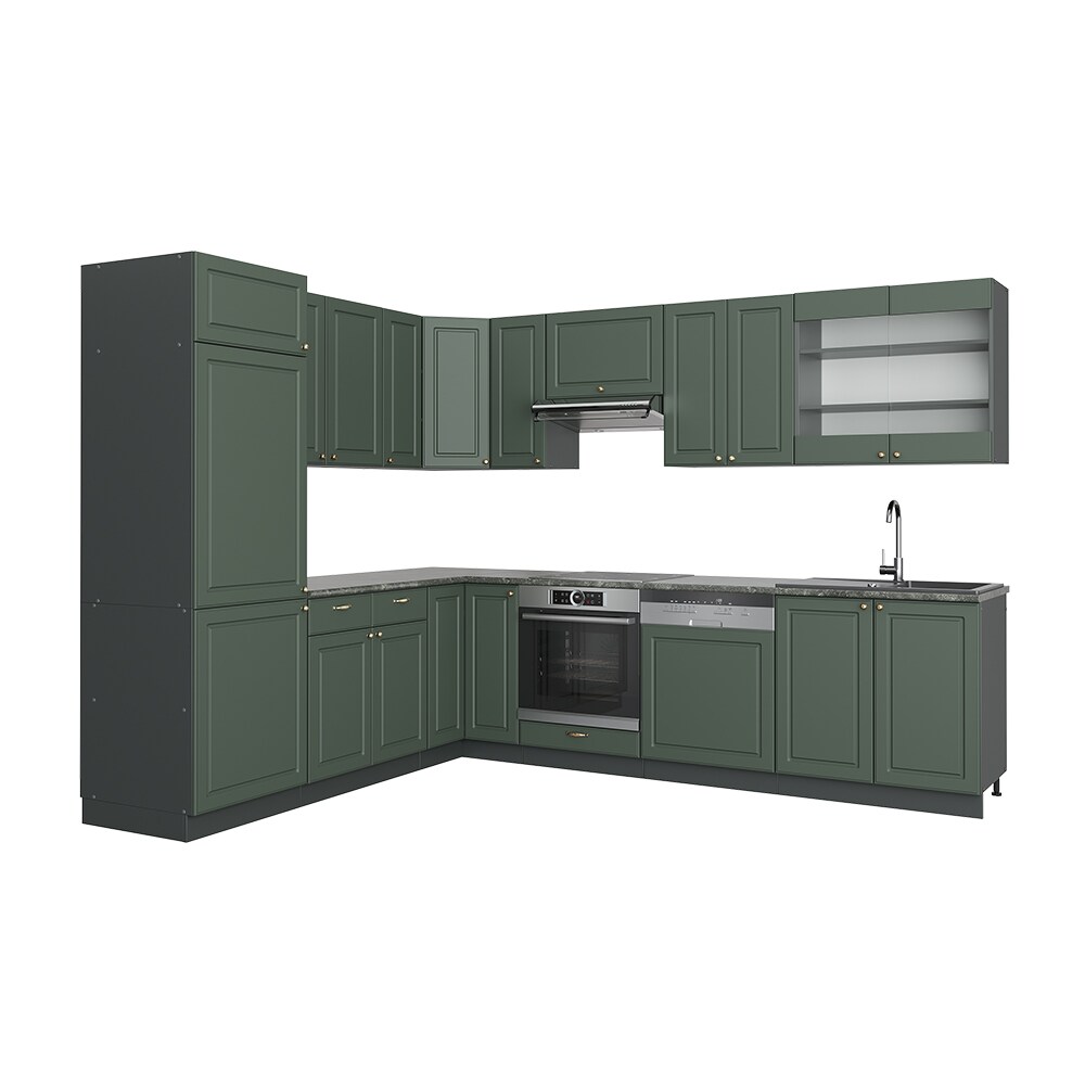 Vicco Eckküche Küchenzeile Einbauküche Fame-Line Landhaus Anthrazit Grün Gold227x287 cm Spülenunterschrank Schubunterschrank Eckunterschrank Herdumbauschrank Hängeschrank Kühlumbauschrank