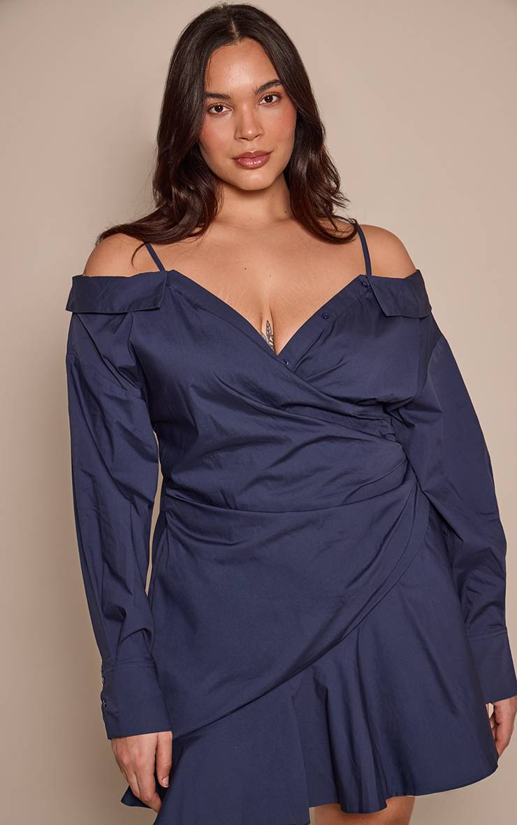 Bleu Marine Robe Chemise Asymétrique Grande Taille À Épaules Dénudées