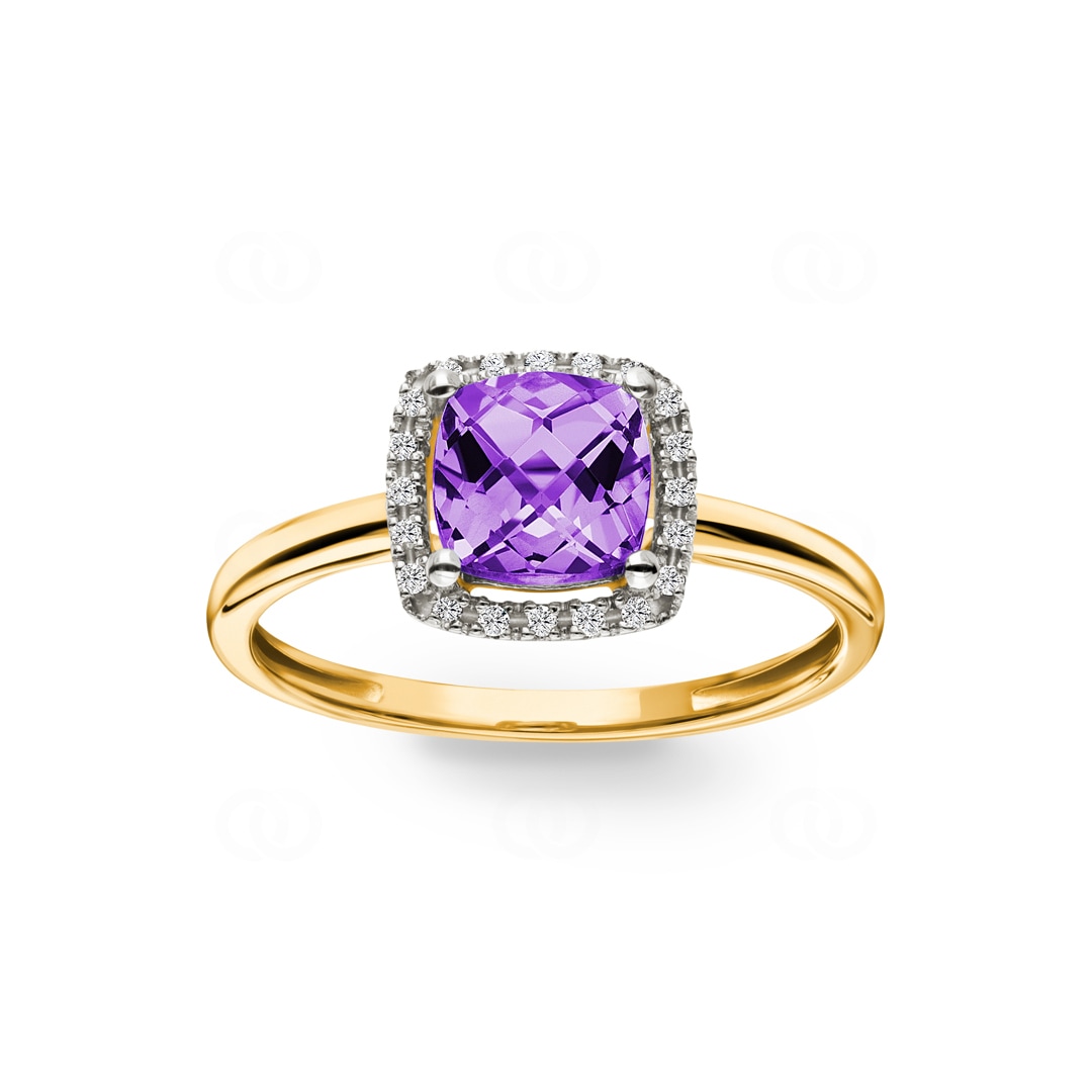 Damenring 750/18 K Gelbgold mit Amethyst Kissen und Diamanten 0.06 ct H/si