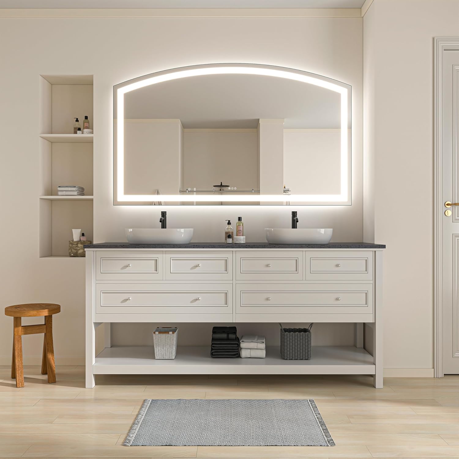 Hasipu Badspiegel mit Beleuchtung 152x91cm, LED Badezimmerspiegel Entfoggen, Touch-Schalter 3 Farben Dimmbar, Energiesparend Lichtspiegel Wandspiegel