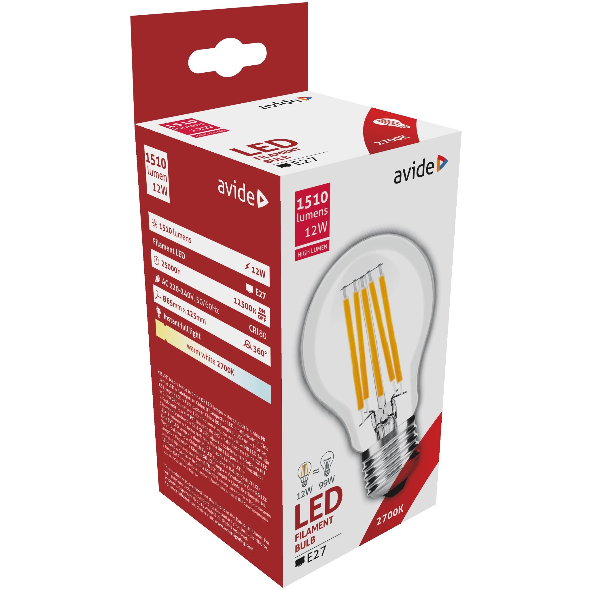 Avide LED Filament Globe 12W E27 A65 360° WW 2700K