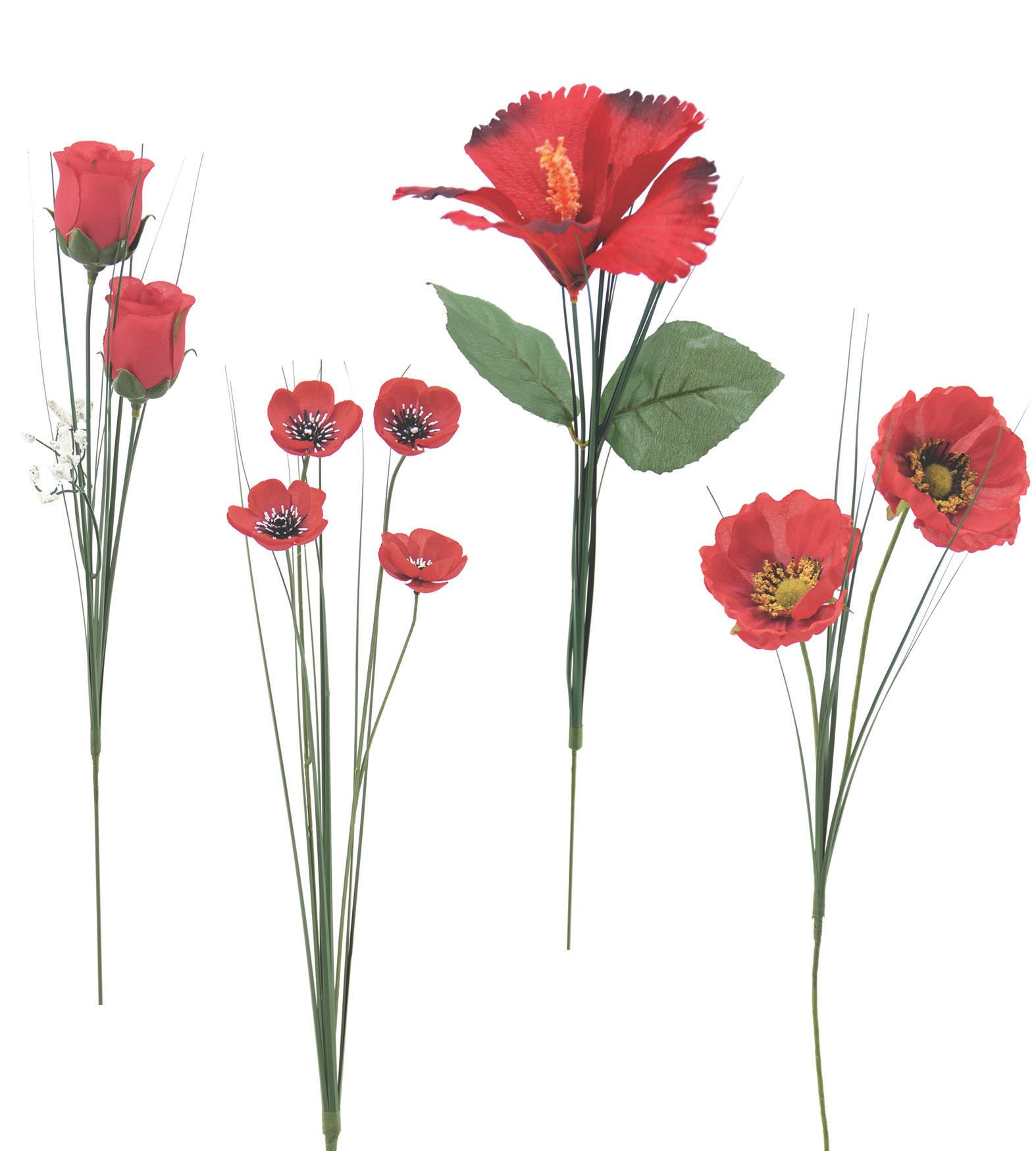 TIGES ROUGES BOUTON ROSE GYPSO COQUELICOT ET HIBISCUS H.70CM