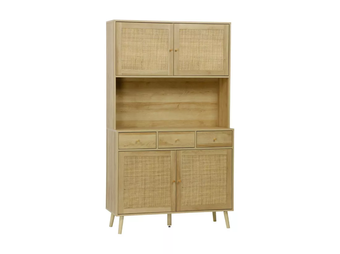 Buffet de cuisine BOHEME décor bois et cannage 4 portes 3 tiroirs 110 cm. Naturel. pieds en bois de pin revêtement papier