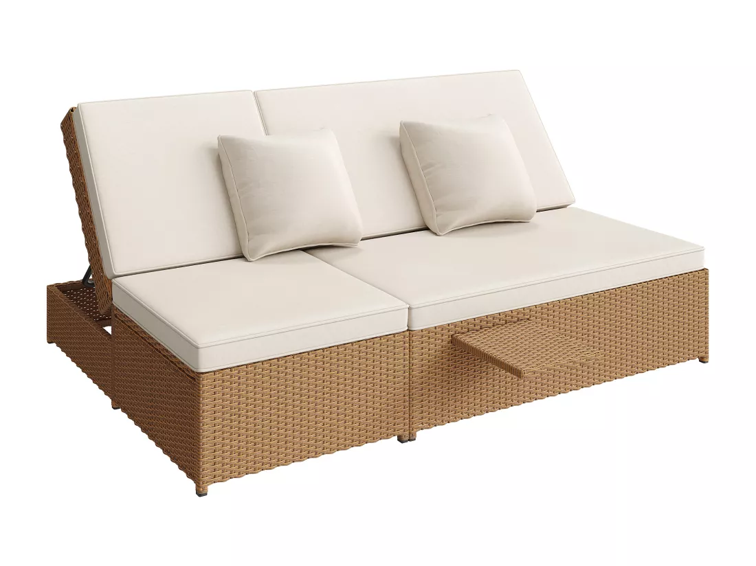 Salon de jardin pour 2 personnes - Canapé lounge en rotin PE avec 2 oreillers et pliable - Ensemble de chaises longues de jardin - Naturel