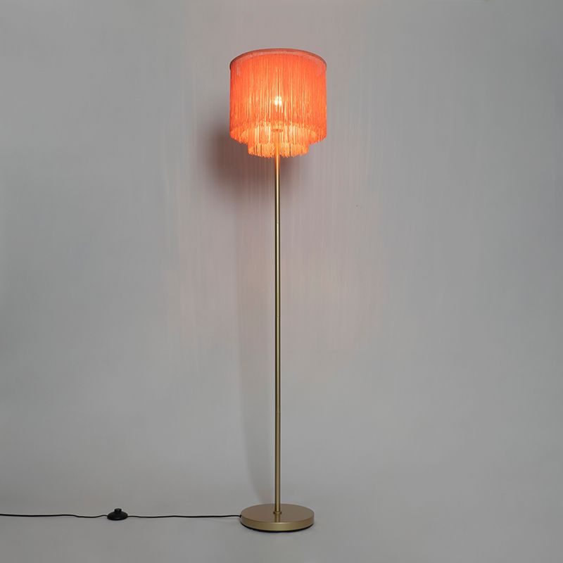 Oosterse vloerlamp goud roze kap met franjes - Franxa