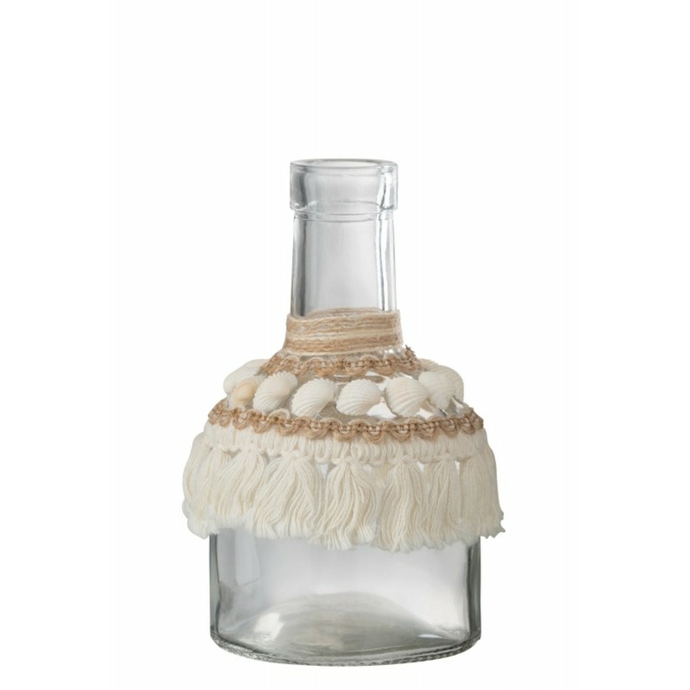 Vase avec coquillages et textile en verre beige 8x8x16 cm