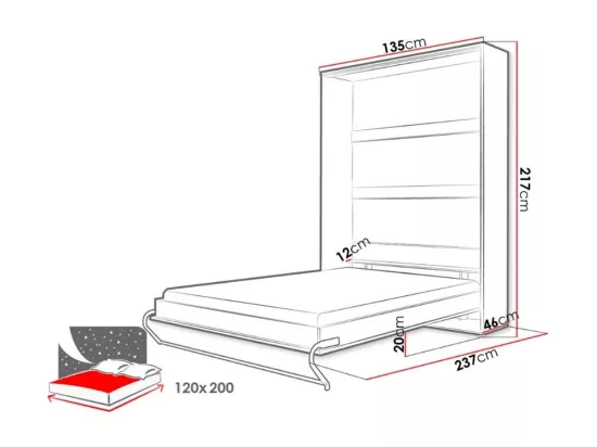 Lit escamotable Concept Pro Lenart Levfere 164, Unique, Blanc, 120x200, Stratifié, 135cm