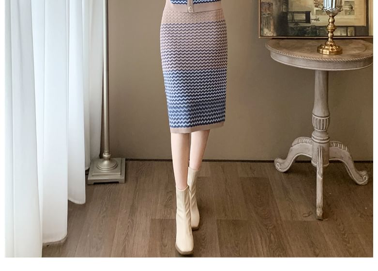 EFO - Set: ronde hals chevronpatroon vest + hoge taille kokerrok