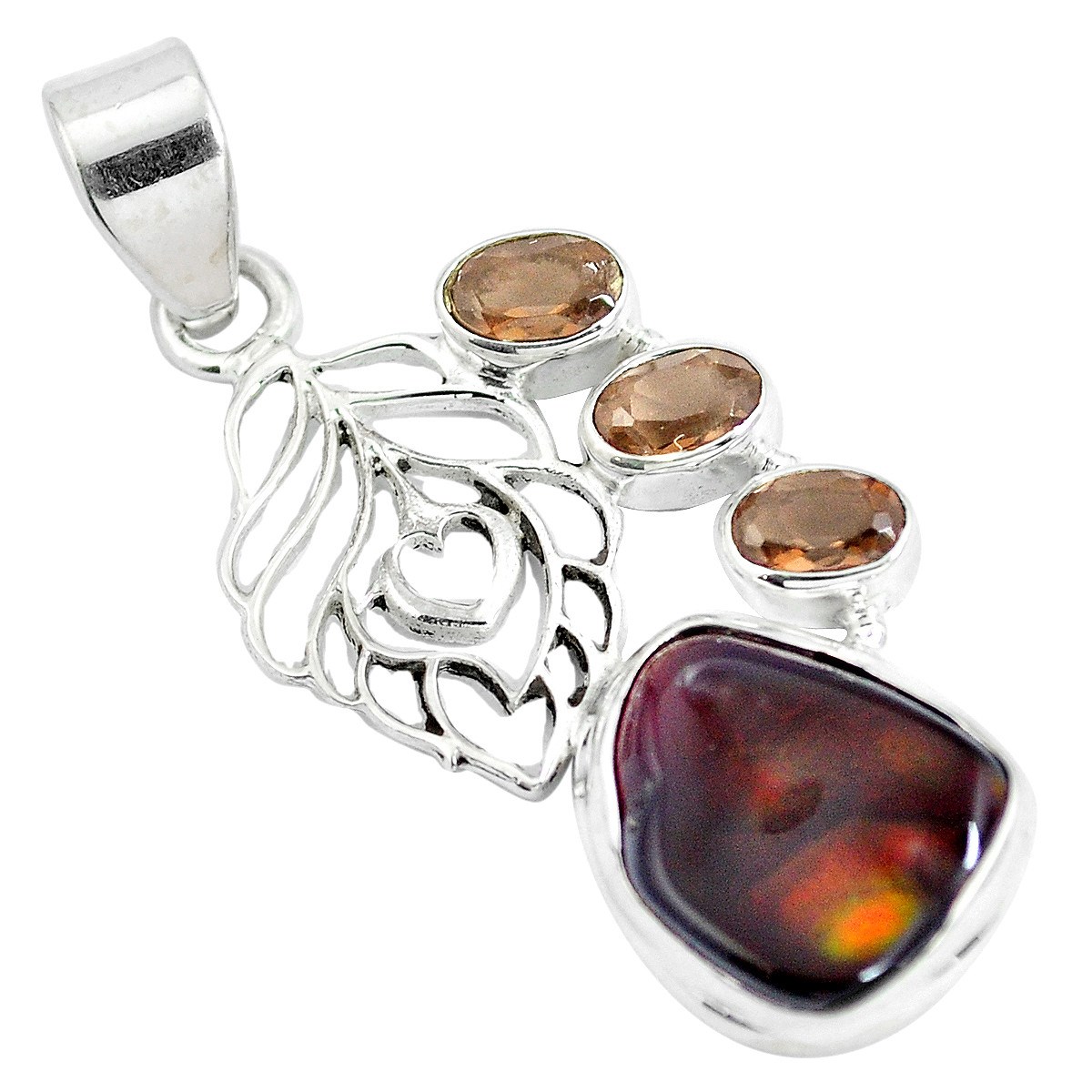Pendentif avec 1 opale de feu marron, 3 topazes et argent feuille 3,5cm gxi348