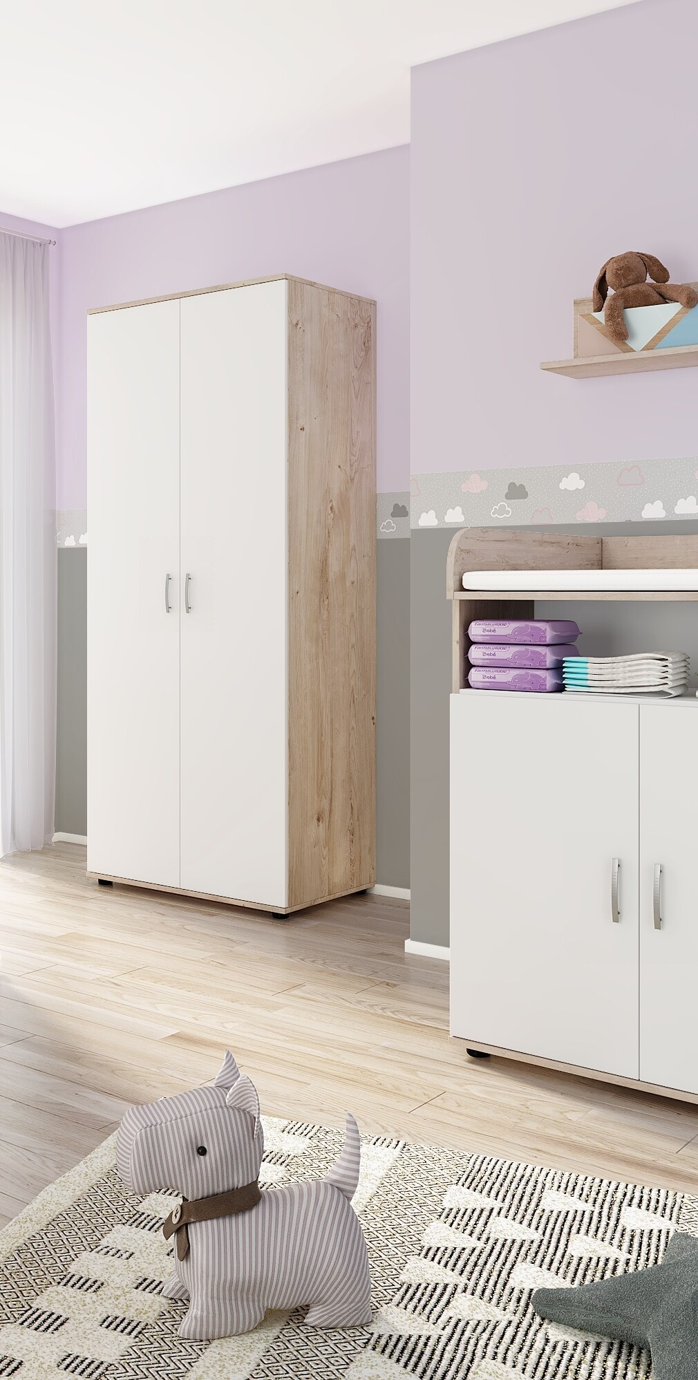 nonjoo. Babyzimmer Lani Kleiderschrank 2-trg., mit Fachböden und Kleiderstange
