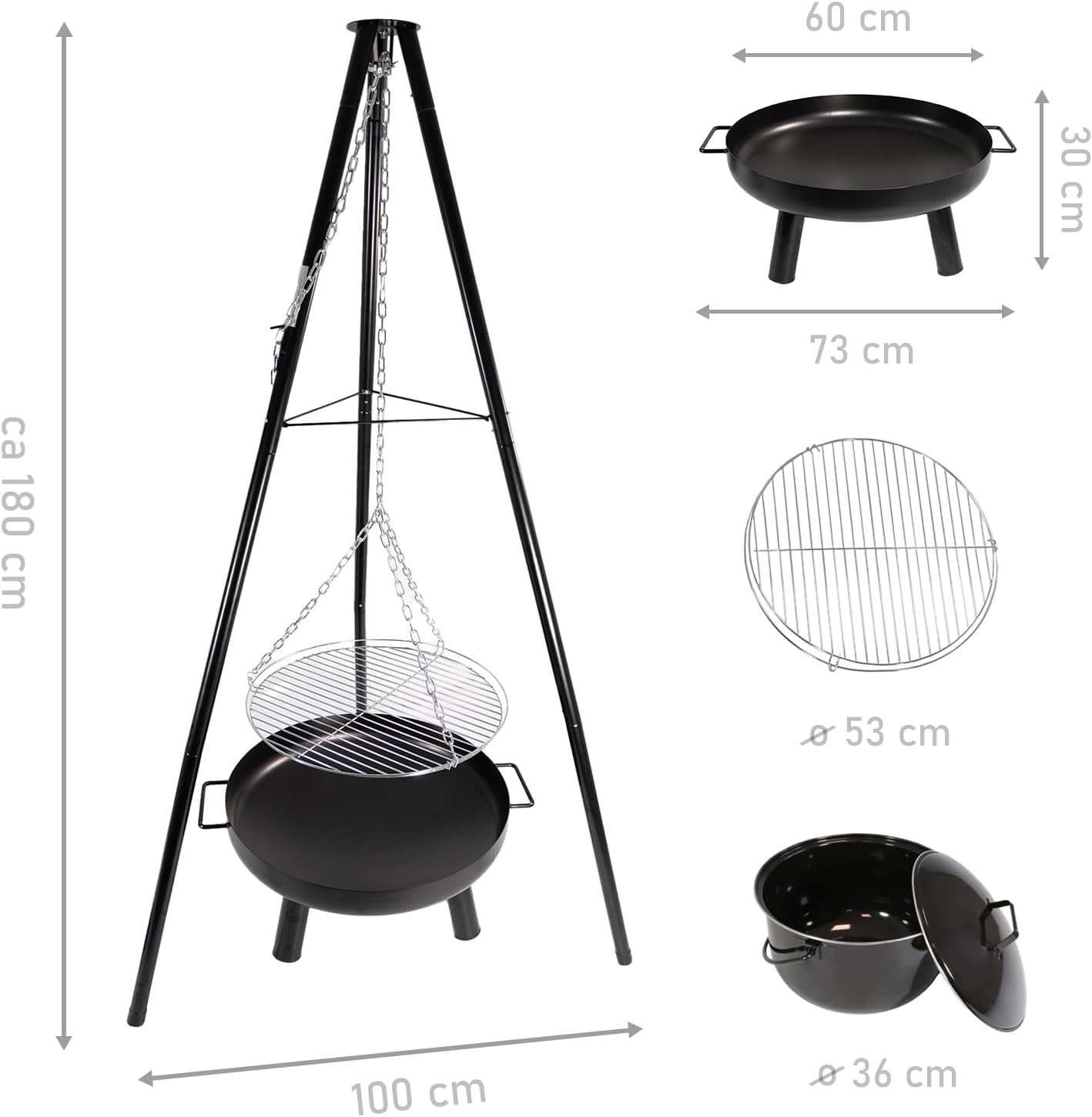 LEMODO Schwenkgrill mit Feuerschale, Dreibein Grill mit Grillrost, Hängegrill mit Gulaschkessel, 3 Bein Grill für BBQ, Grillgestell für Gulaschtopf, Holzkohlegrill mit Zubehör