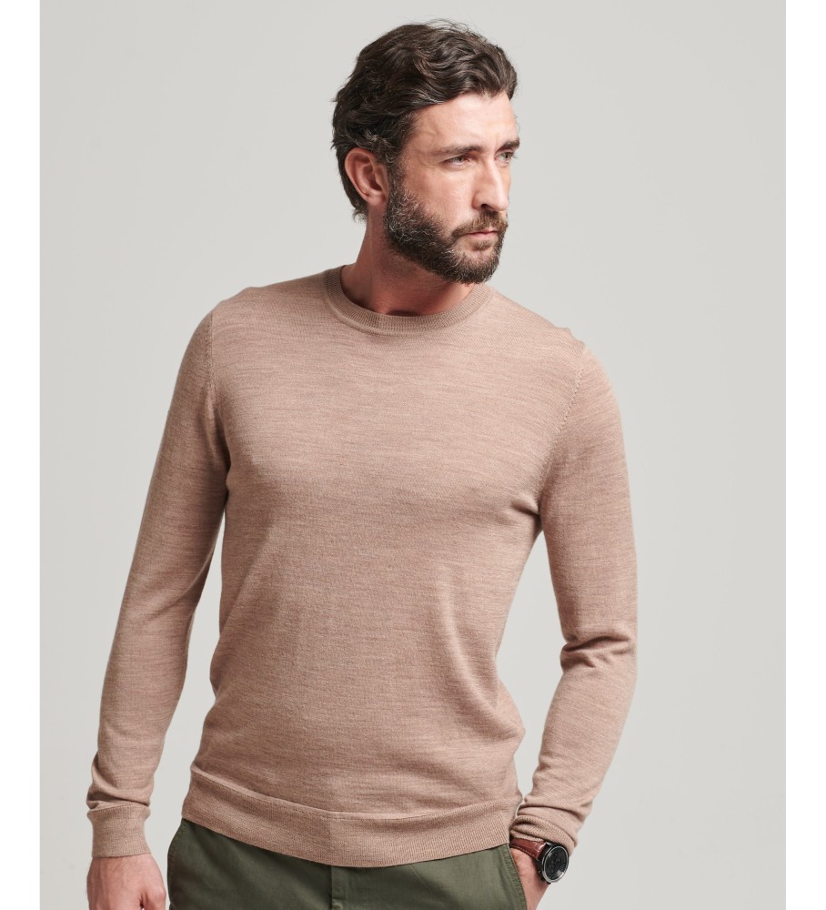 Suéter de gola redonda em lã merino Superdry marrom