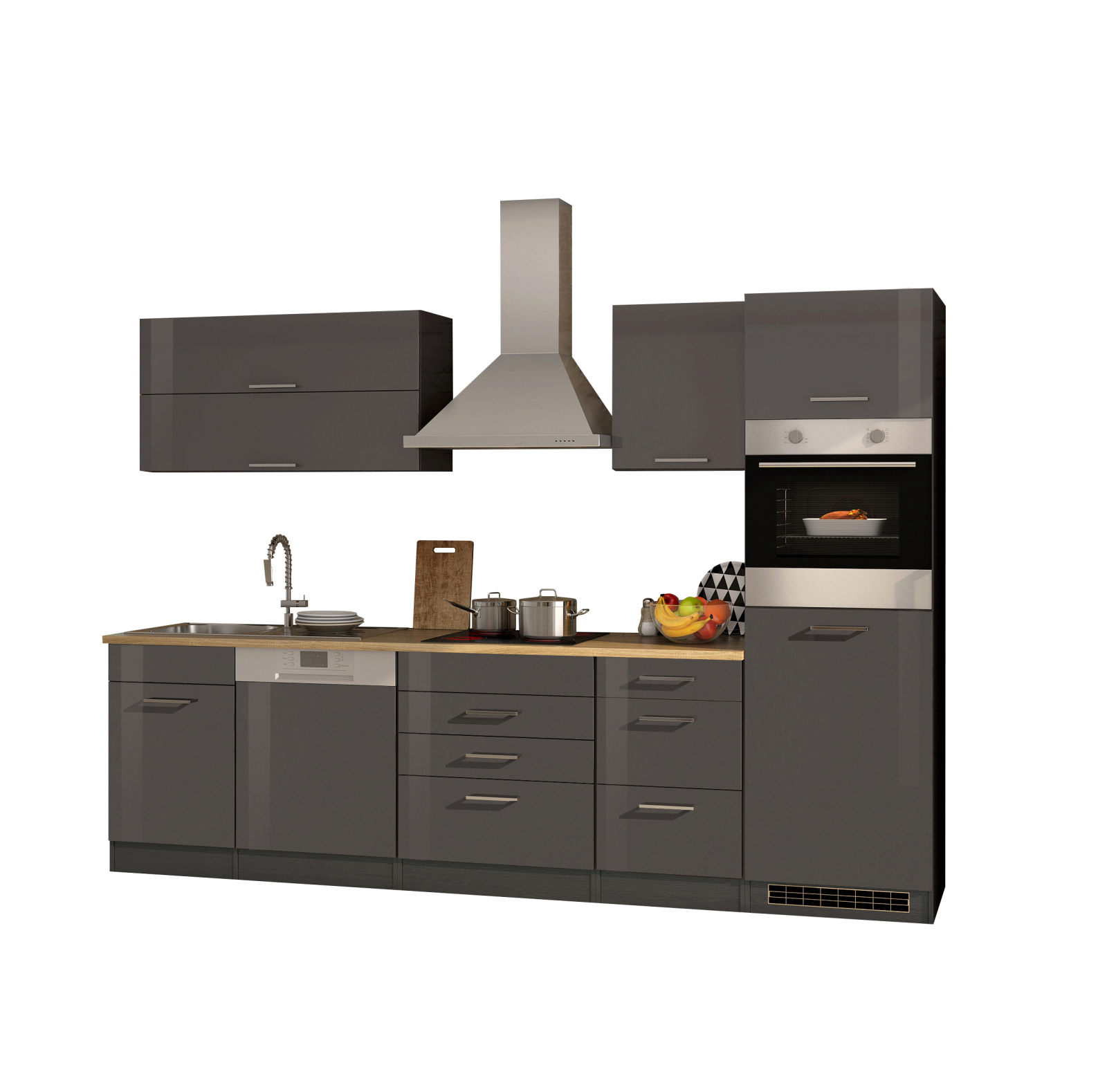 Küchenblock ROM - grau Hochglanz - mit E-Geräten - 300 cm