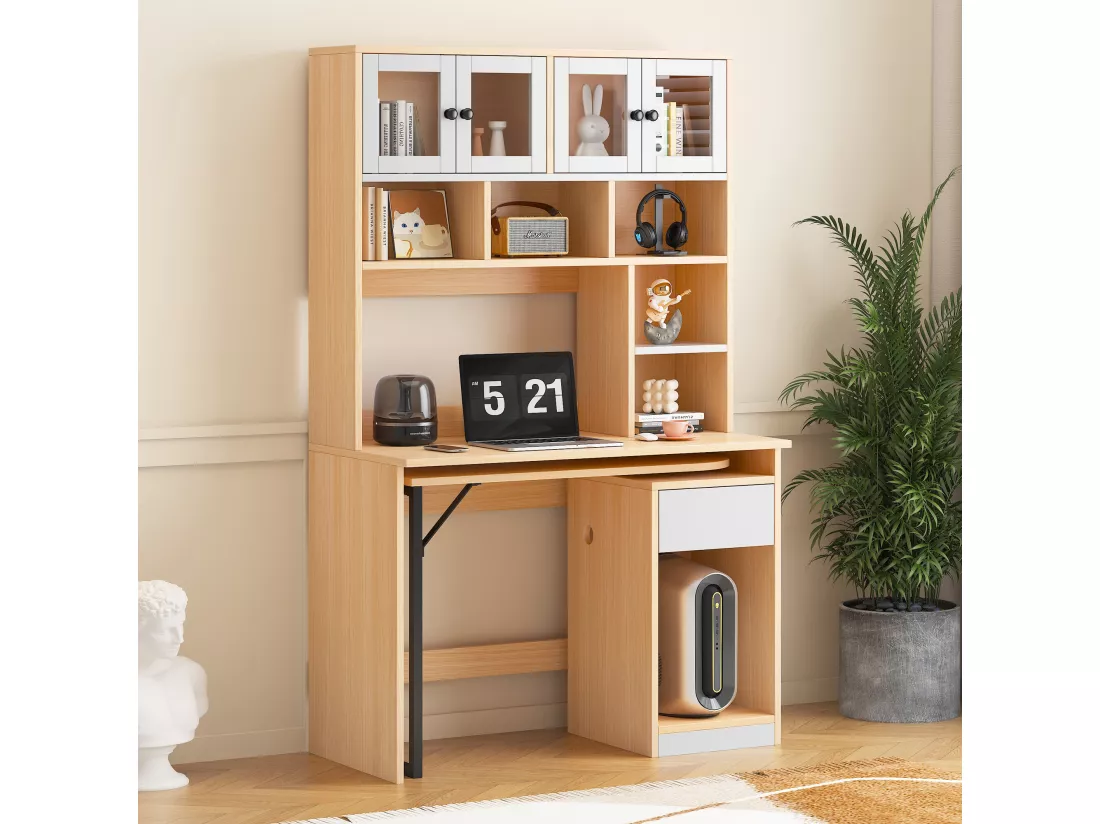 URBAN MEUBLE Bureau effet bois avec étagère rangement tablette rétractable 110*55*180cm