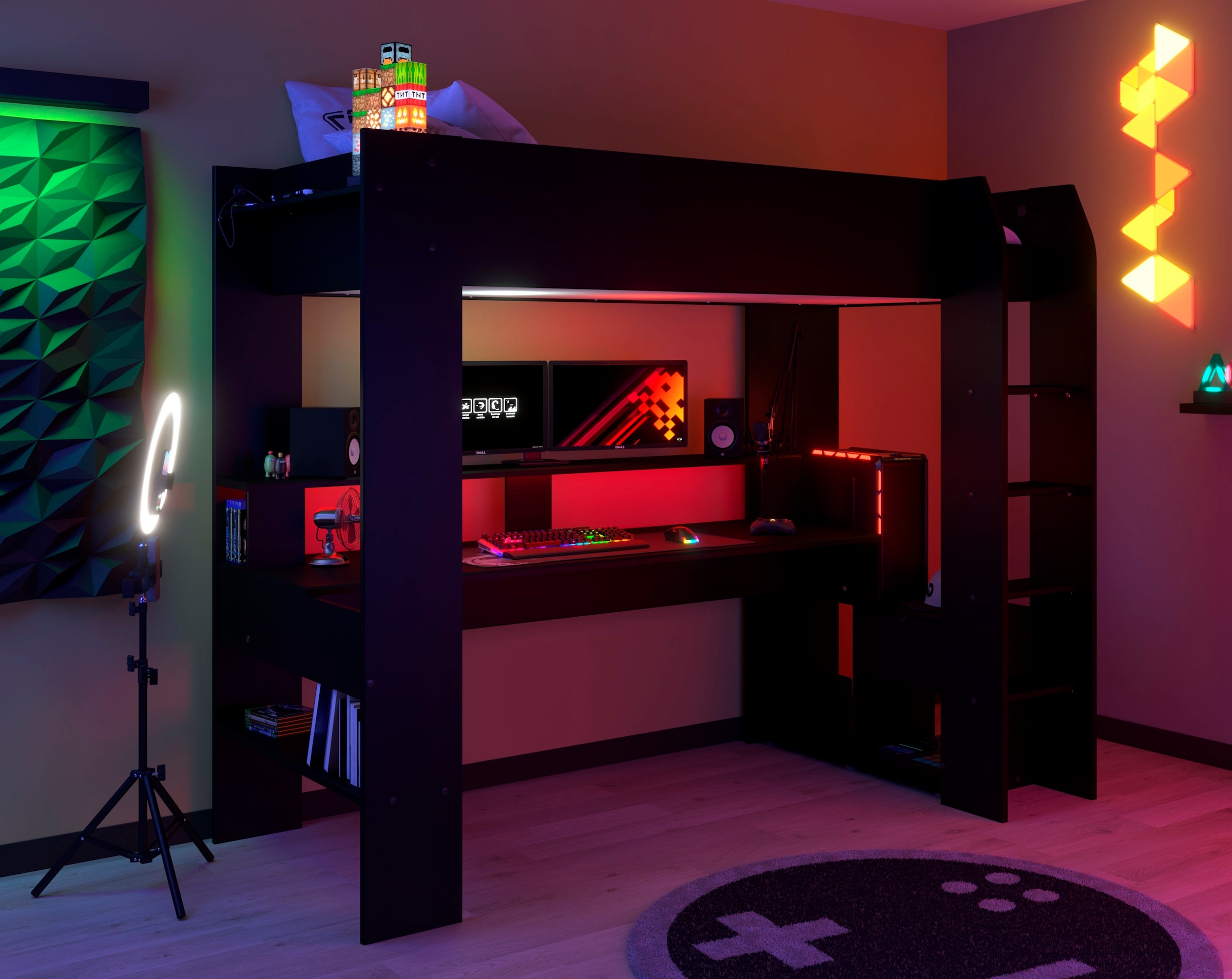 Parisot Hochbett »Gaming-Bett, mit Schreibtisch, USB Anschluss, LED, viel Stauraum« ideal für kleine Räume, TOPSELLER!