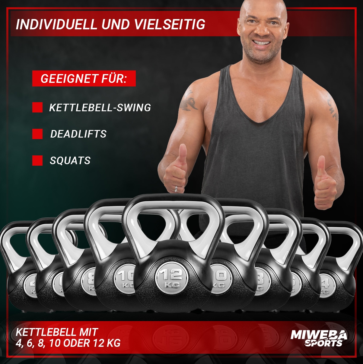Miweba Sports Kettlebell KB200, Kunststoff-Kugelhantel, 4-12 kg, Anti-Rutsch-Griff, Hartgummifüße (4,0 kg)