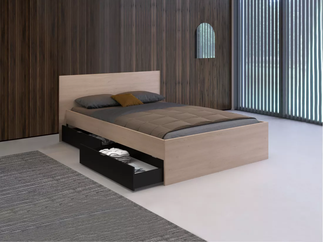Lit avec 2 tiroirs 140 x 190 cm - Coloris : Naturel et noir - VELONA