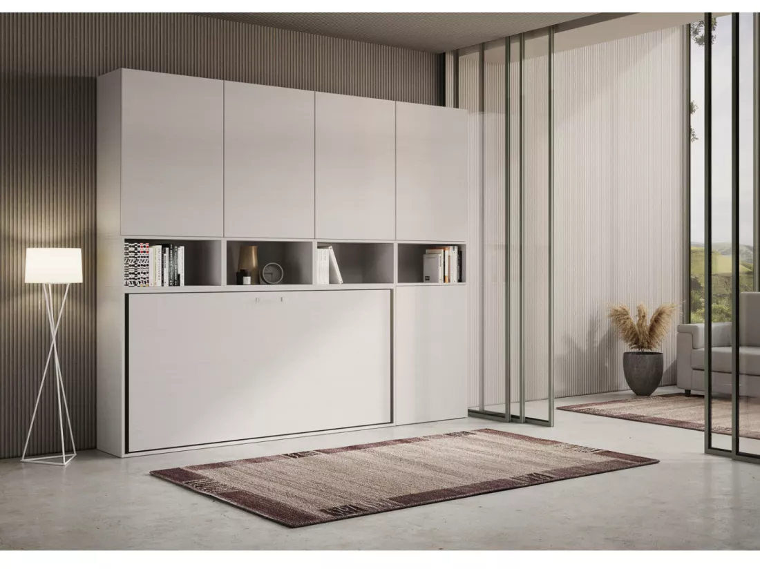 Lit escamotable horizontal blanc Bounto 85x185 avec rangement et bibliothèque composition C-