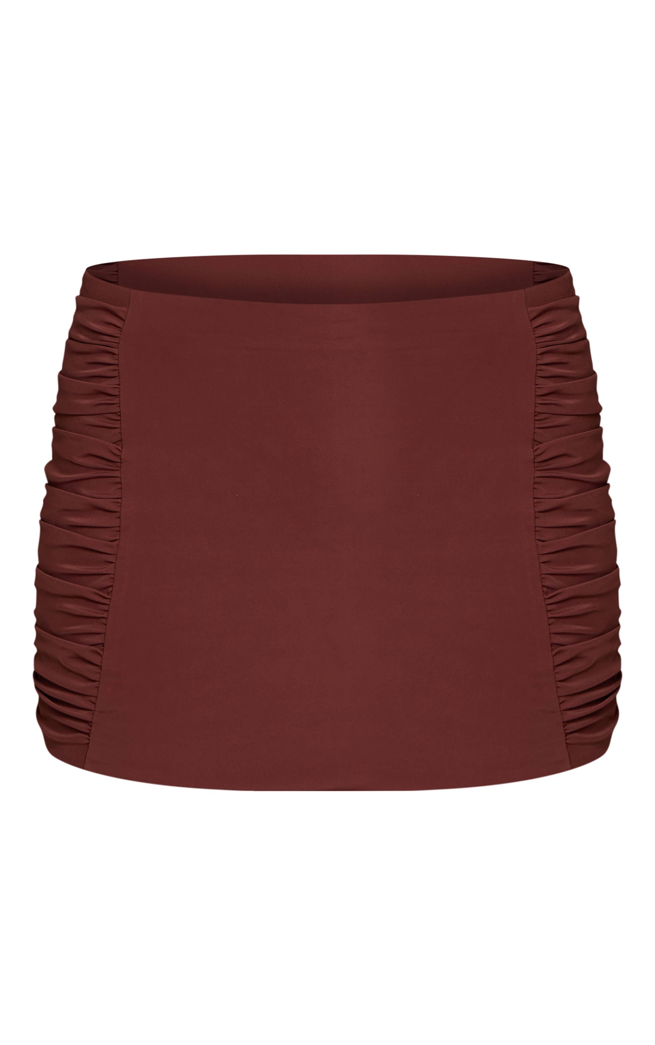 Chocolat Ensemble Jupe Mini Froncée Sur Les Côtés En Maille Soyeuse Soft Touch