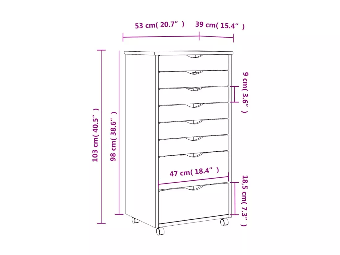 Armoire roulante avec tiroirs MOSS blanc bois de pin solide