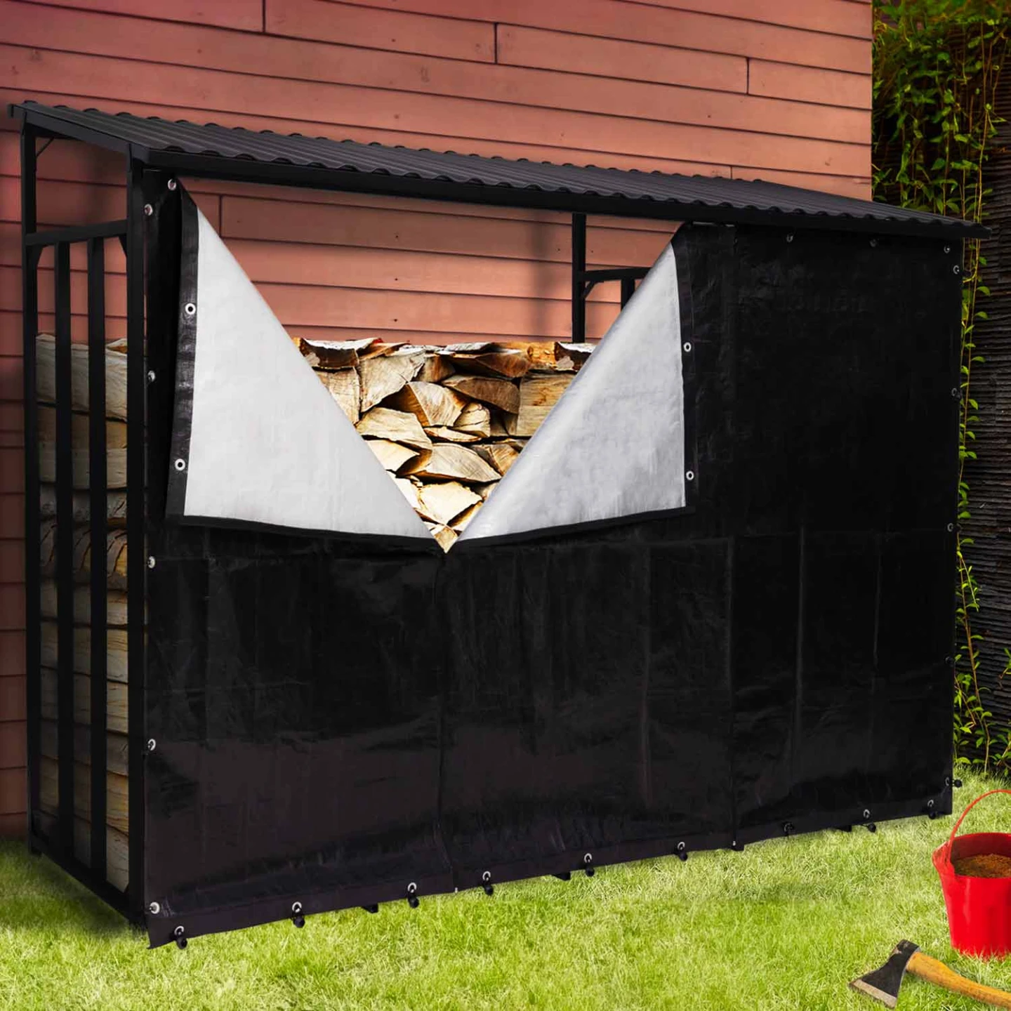 Abri de stockage en acier galvanisé pour bûches L. 274 cm avec housse de protection 150 gr