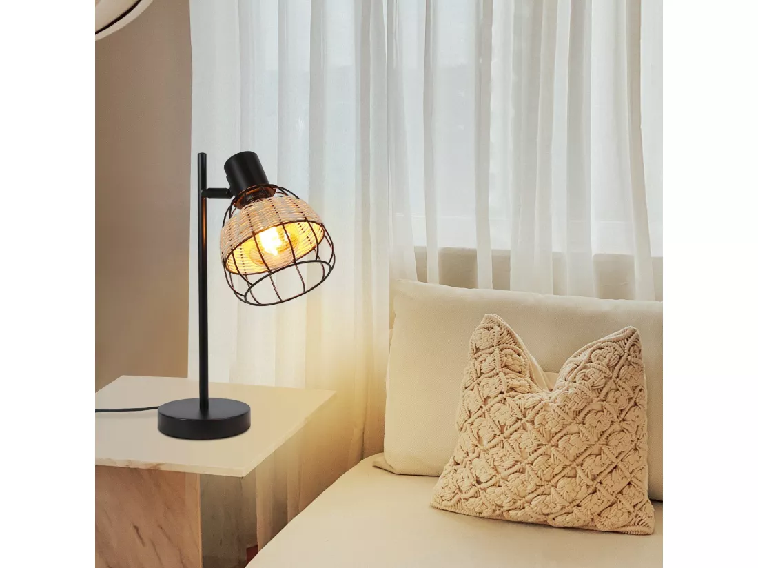 NETTLIFE Lampe de table Vintage Salon Noir - E27Bambou Pivotant Abat-jour avec interrupteur Max.40W - Sans ampoule