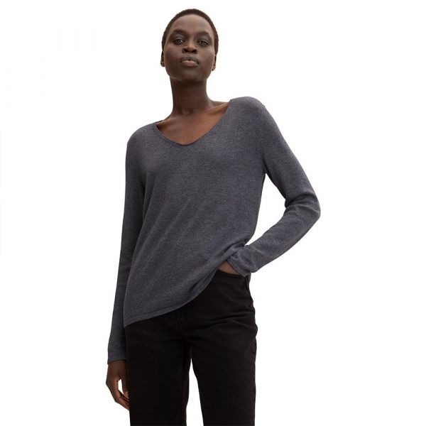 Tom Tailor V-neckline With Front Logo Coin Sweater Cinzento 2XL Mulher